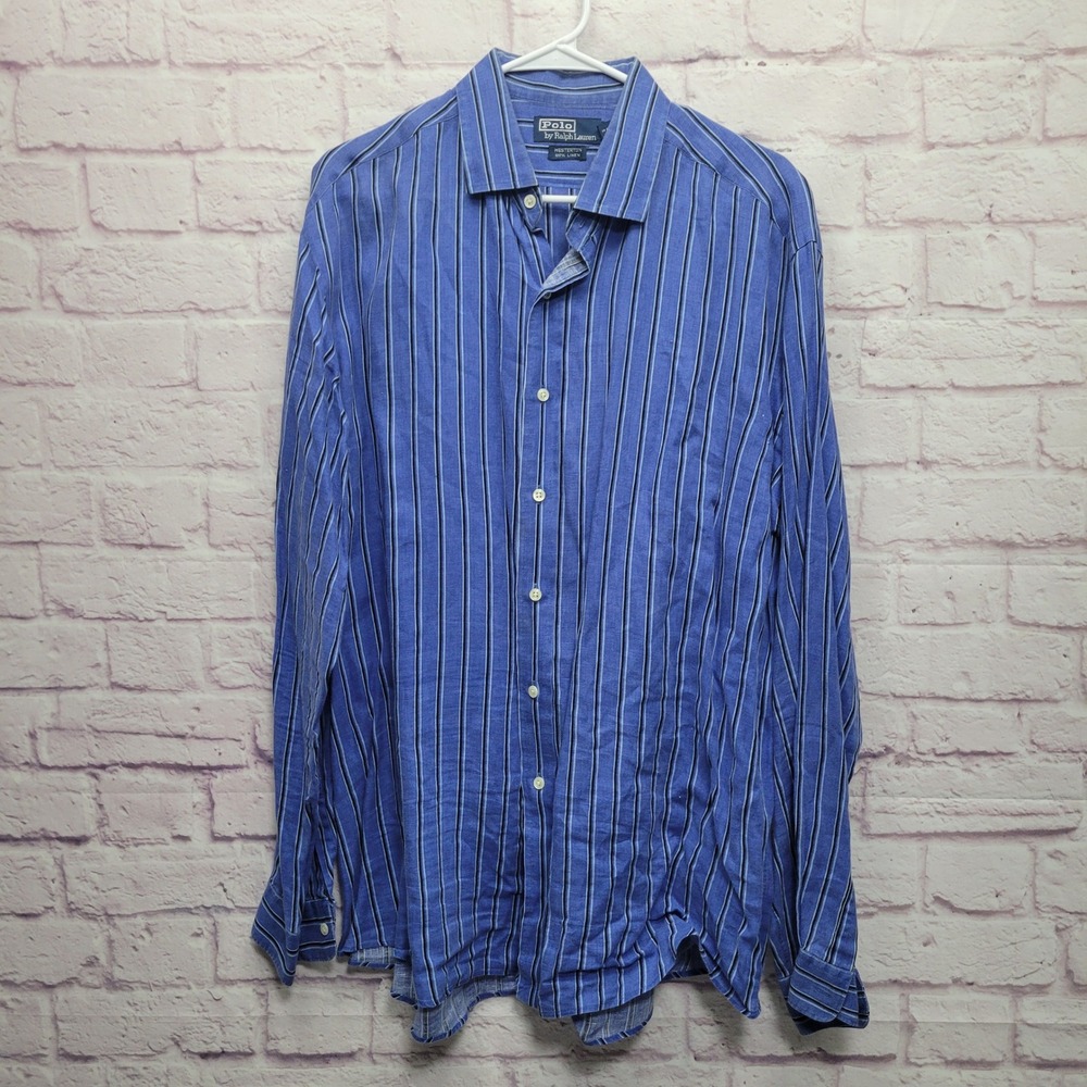 VTG Polo Ralph Lauren Westerton Linen Button Shirt XL Striped Old‎ Money Preppy